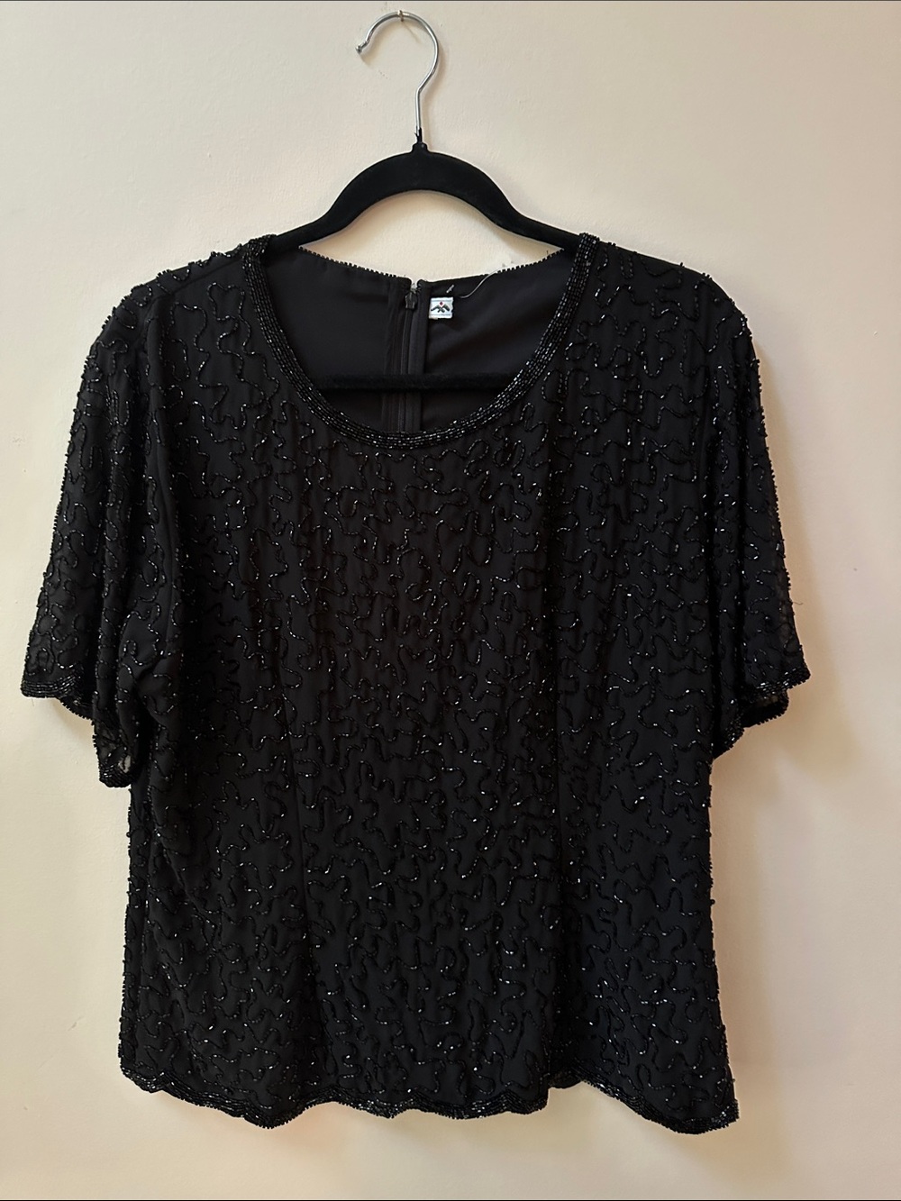 Vintage Black Beaded Short Sleeve Evening Top